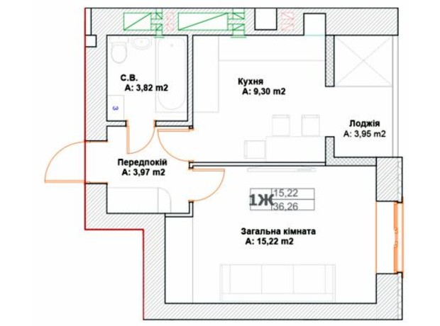 ЖК Фортуна: планировка 1-комнатной квартиры 36.36 м²