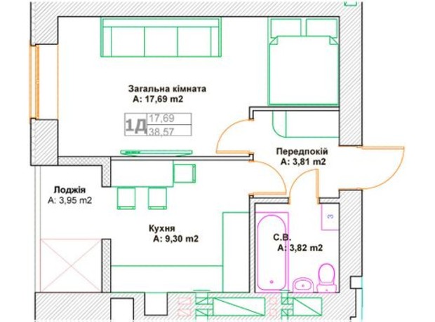 ЖК Фортуна: планировка 1-комнатной квартиры 38.57 м²