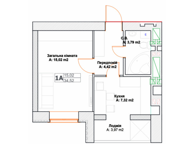 ЖК Фортуна: планировка 1-комнатной квартиры 34.52 м²