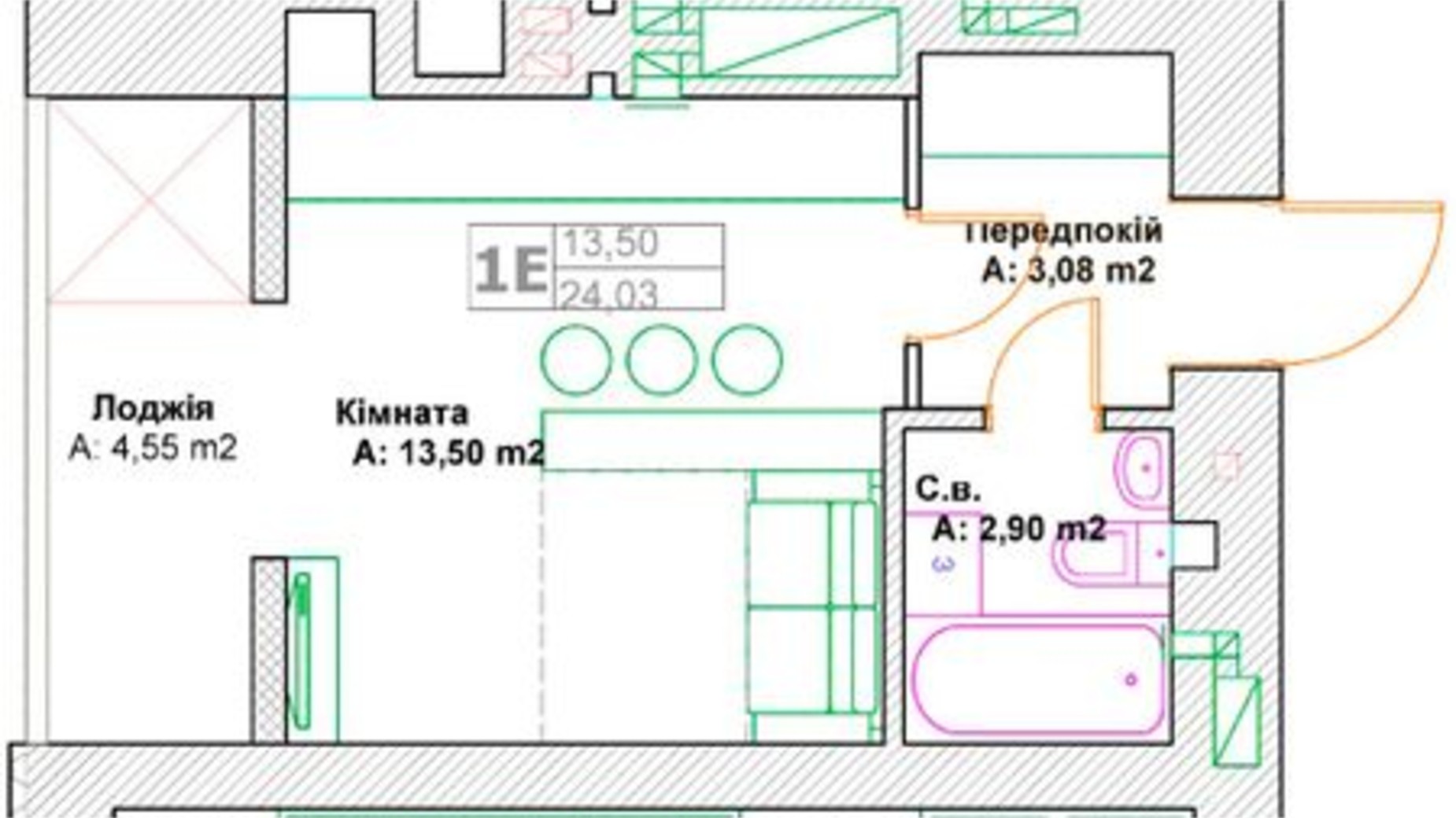 Планировка 1-комнатной квартиры в ЖК Фортуна 24.03 м², фото 585998