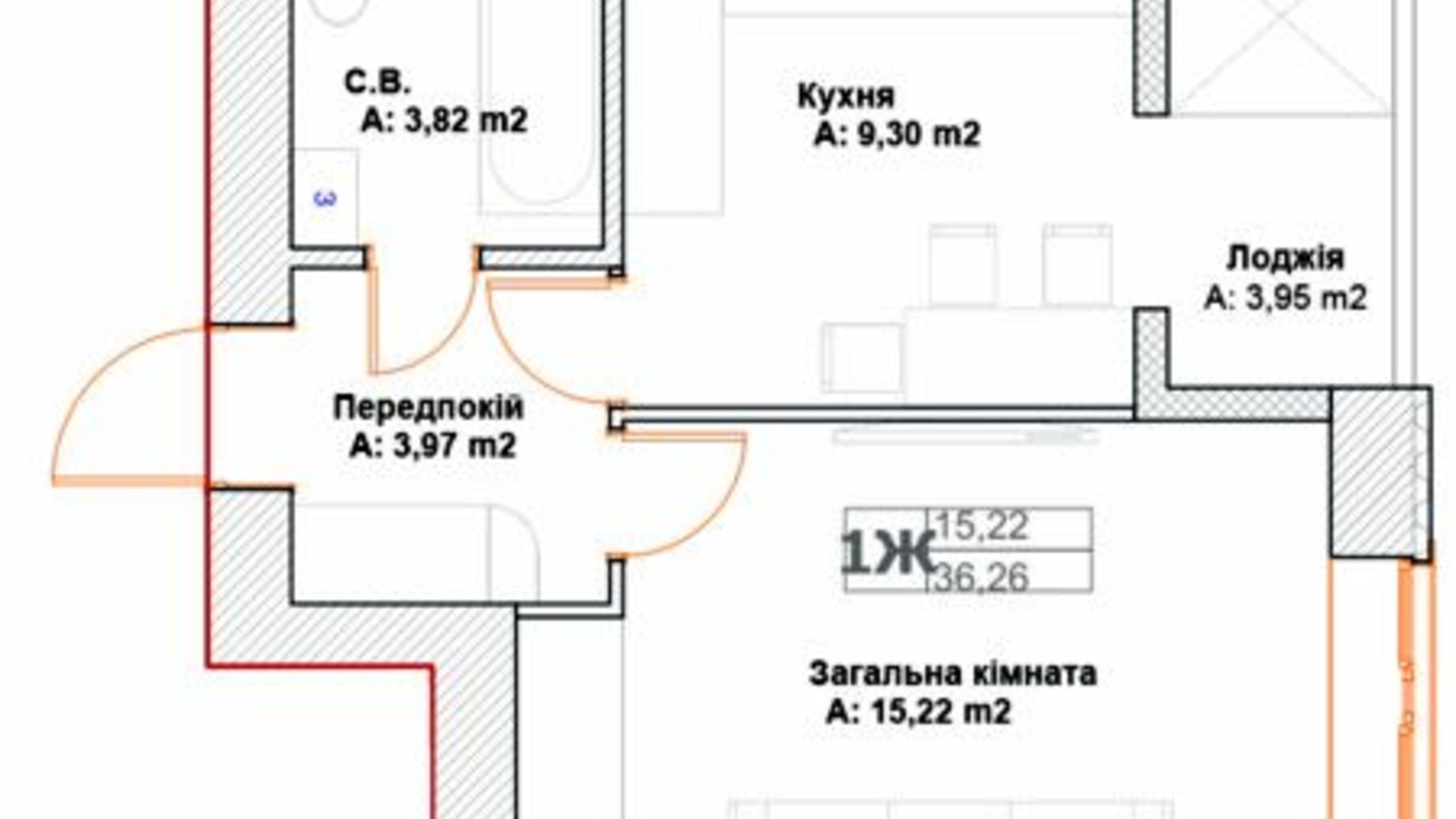 Планировка 1-комнатной квартиры в ЖК Фортуна-2 36.36 м², фото 585999