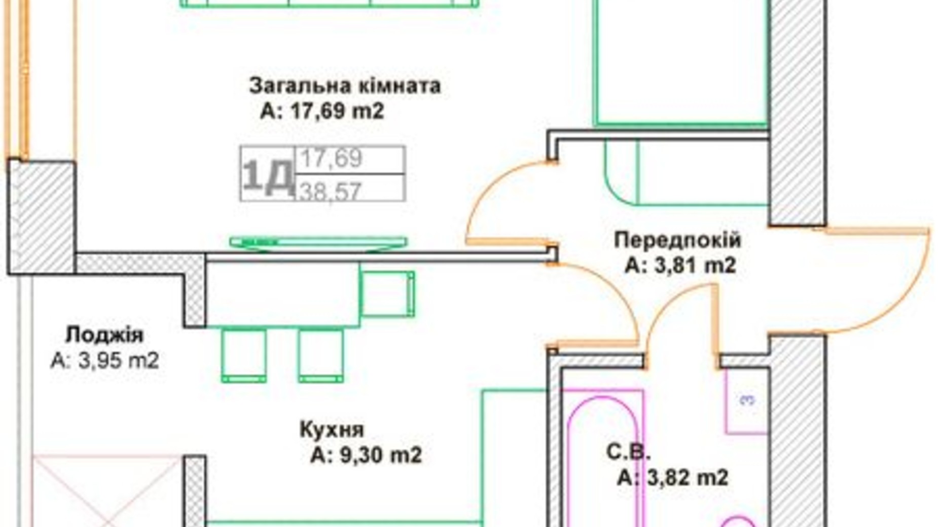 Планировка 1-комнатной квартиры в ЖК Фортуна 38.57 м², фото 586000