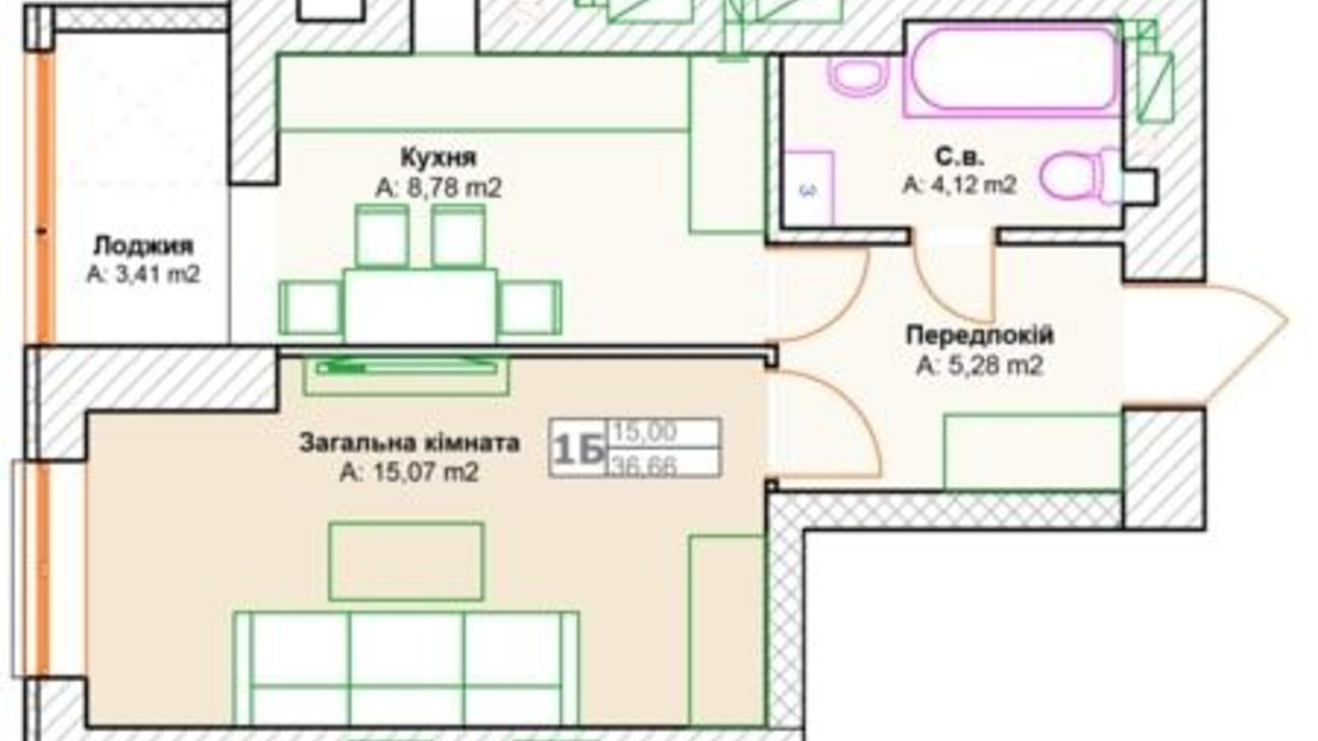 Планировка 1-комнатной квартиры в ЖК Фортуна 36.63 м², фото 586002