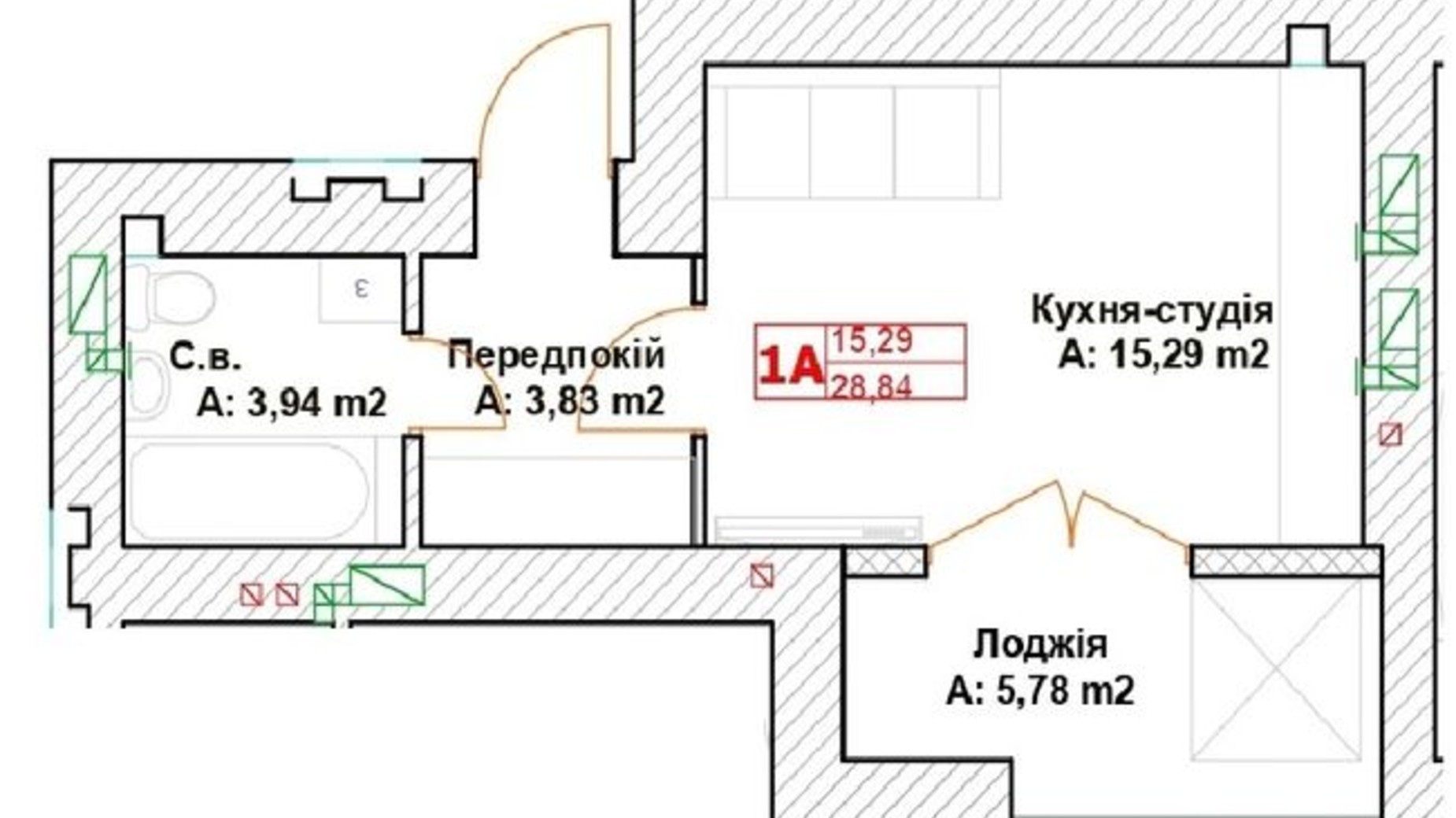 Планування 1-кімнатної квартири в ЖК Модуль 28.84 м², фото 586010