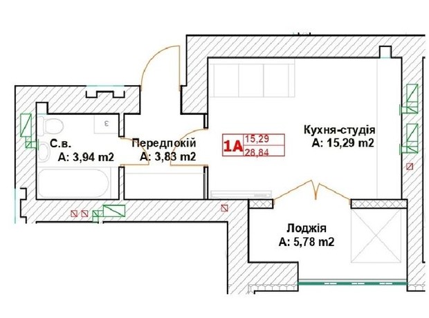 ЖК Модуль: планировка 1-комнатной квартиры 28.84 м²