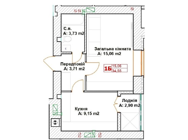 ЖК Модуль: планування 1-кімнатної квартири 35.85 м²