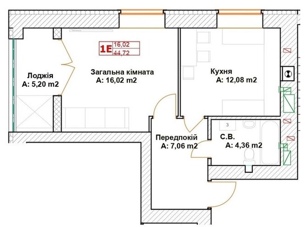 ЖК Модуль: планування 1-кімнатної квартири 45.91 м²