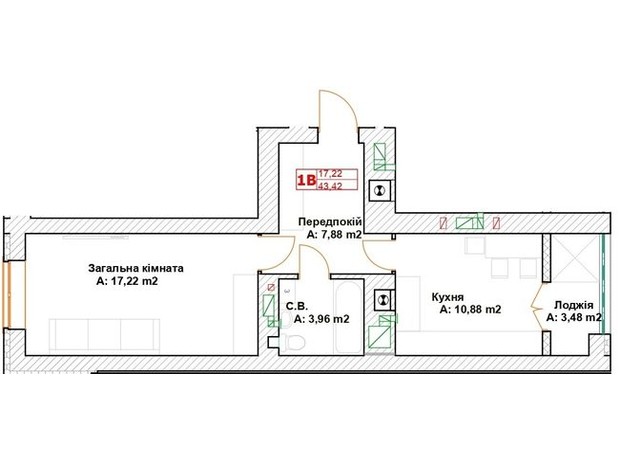 ЖК Модуль: планировка 1-комнатной квартиры 43.42 м²