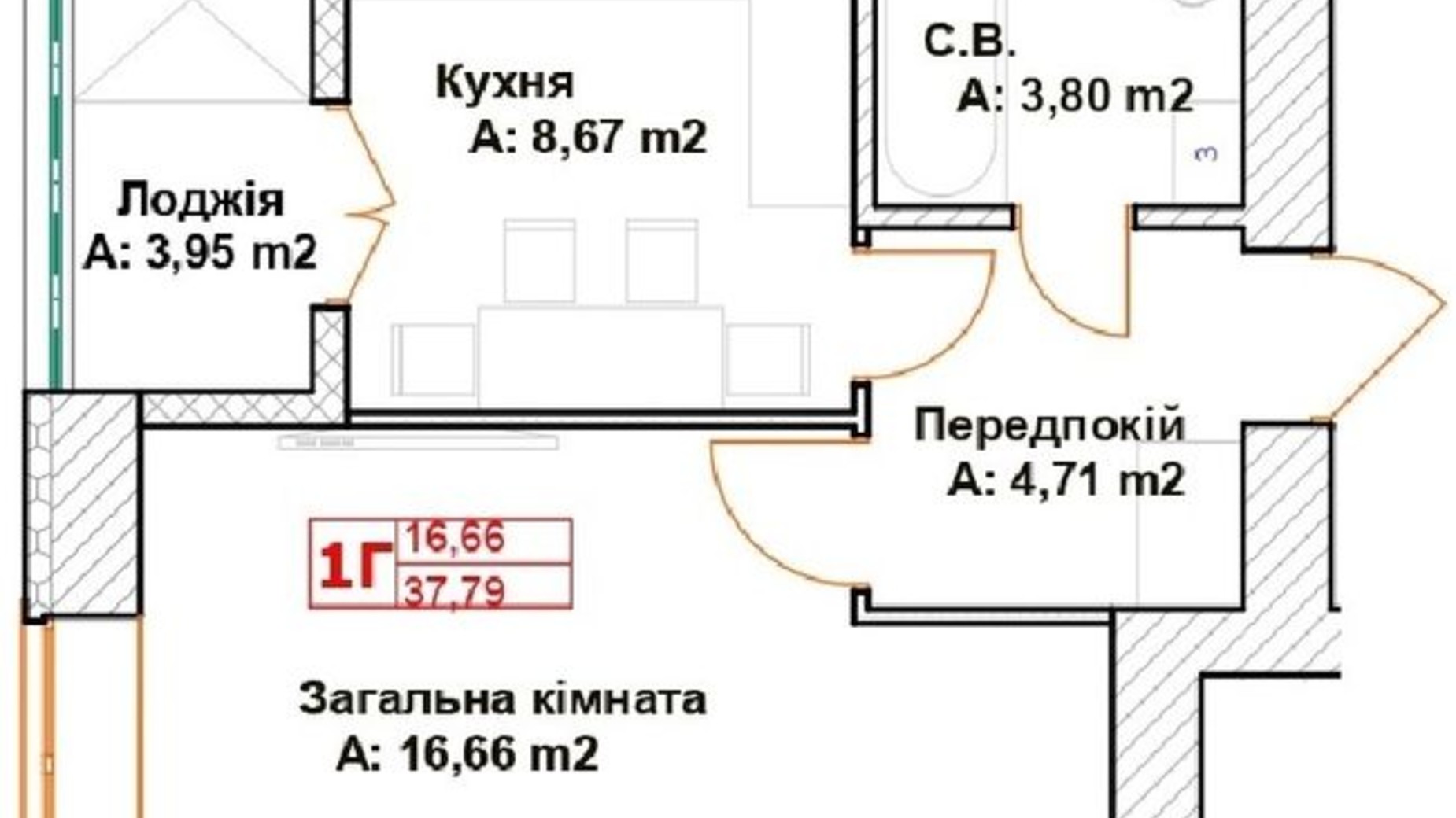 Планування 1-кімнатної квартири в ЖК Модуль 37.79 м², фото 586014