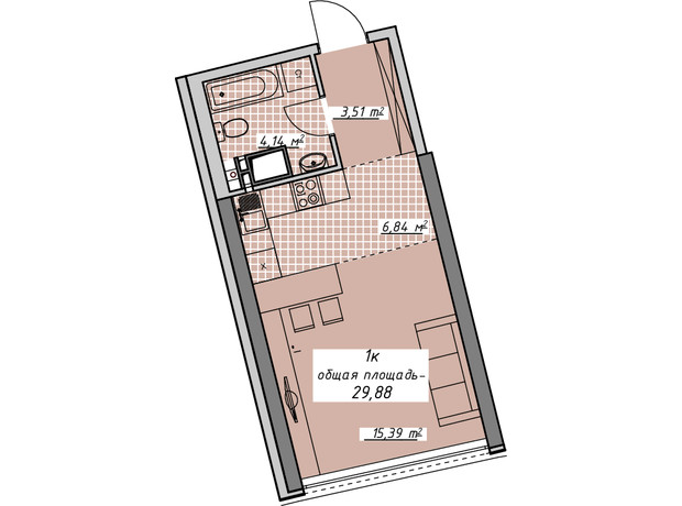 ЖК Атмосфера: планировка 1-комнатной квартиры 29.88 м²