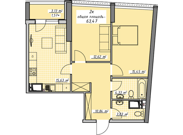 ЖК Атмосфера: планировка 2-комнатной квартиры 63.47 м²