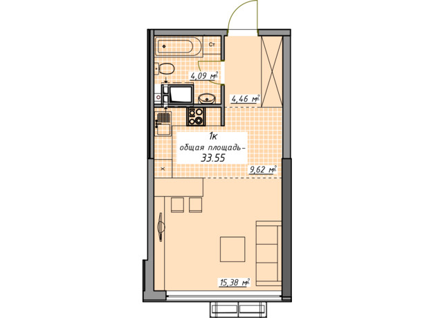 ЖК Атмосфера: планировка 1-комнатной квартиры 33.55 м²