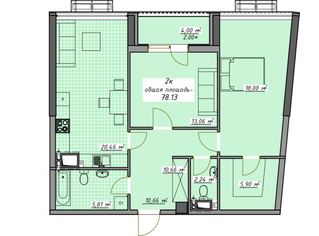 ЖК Атмосфера: планування 2-кімнатної квартири 78.13 м²