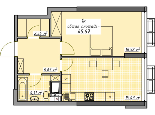 ЖК Атмосфера: планування 1-кімнатної квартири 45.67 м²