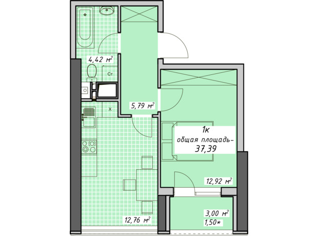 ЖК Атмосфера: планировка 1-комнатной квартиры 37.39 м²