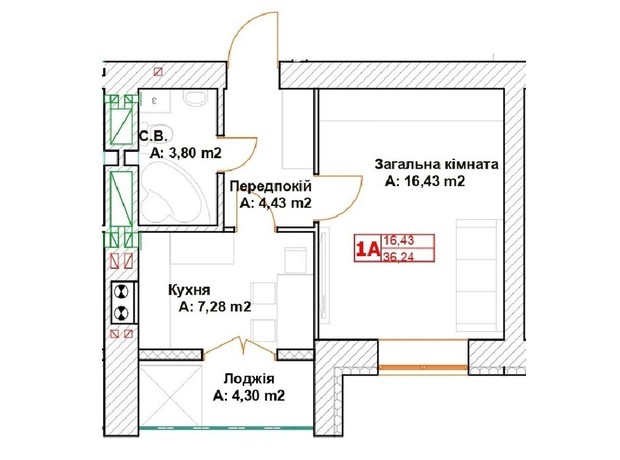 ЖК Модуль: планування 1-кімнатної квартири 36.69 м²