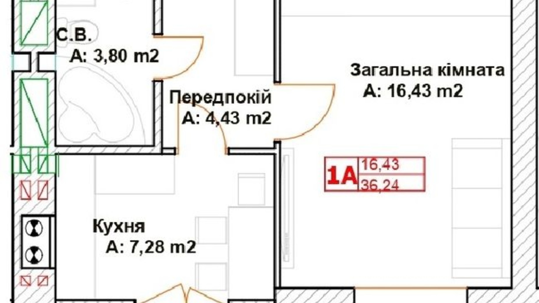 Планування 1-кімнатної квартири в ЖК Модуль 36.24 м², фото 586045