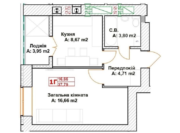 ЖК Модуль: планировка 1-комнатной квартиры 37.78 м²