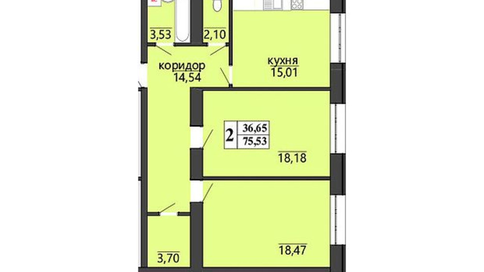 Планировка 2-комнатной квартиры в ЖК Правильный выбор 75.53 м², фото 58608