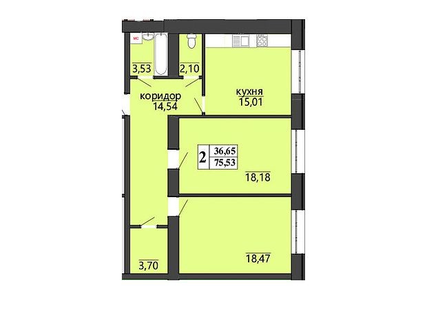 ЖК Правильный выбор: планировка 2-комнатной квартиры 75.53 м²