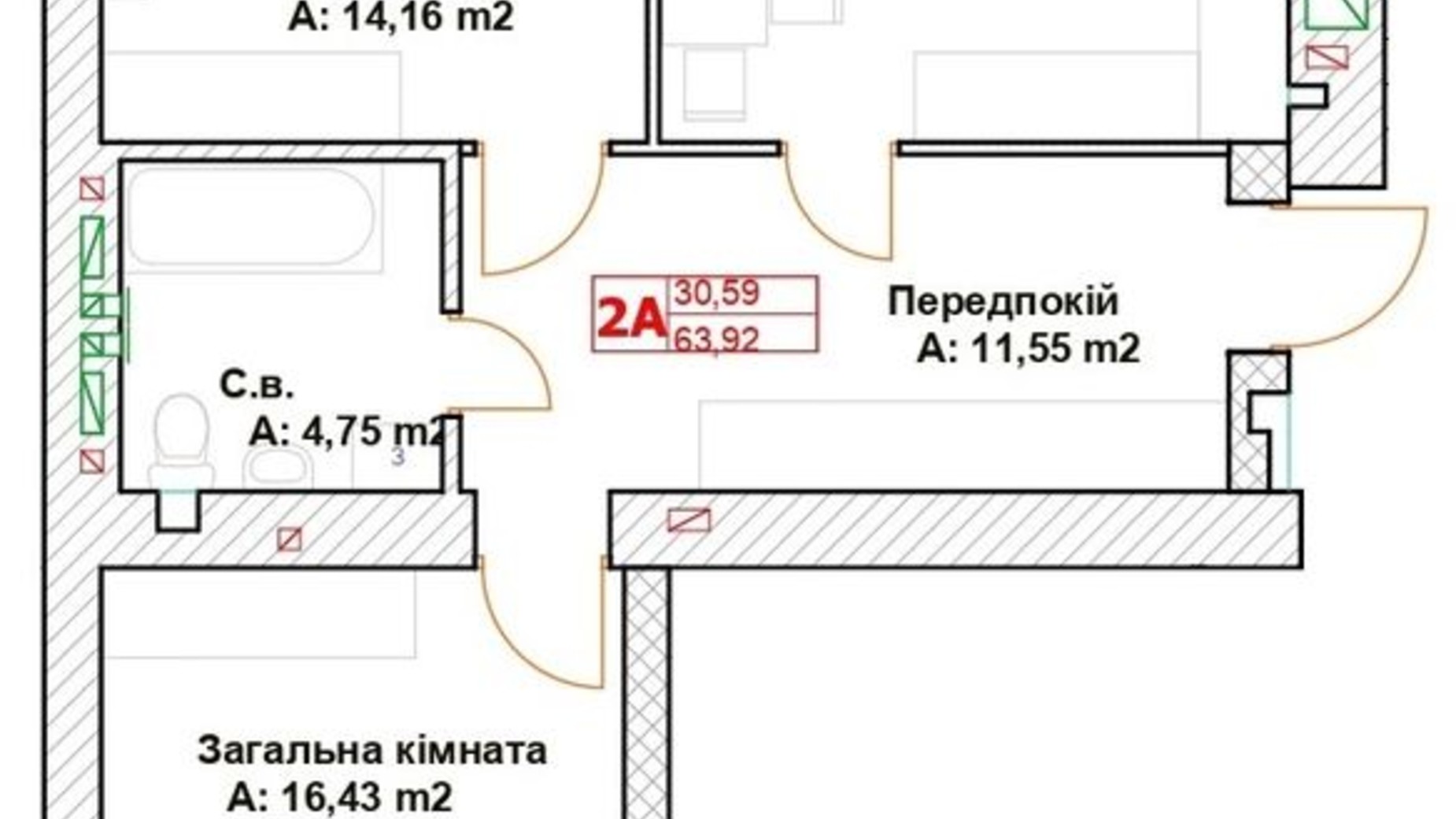 Планировка 2-комнатной квартиры в ЖК Модуль 63.9 м², фото 586083