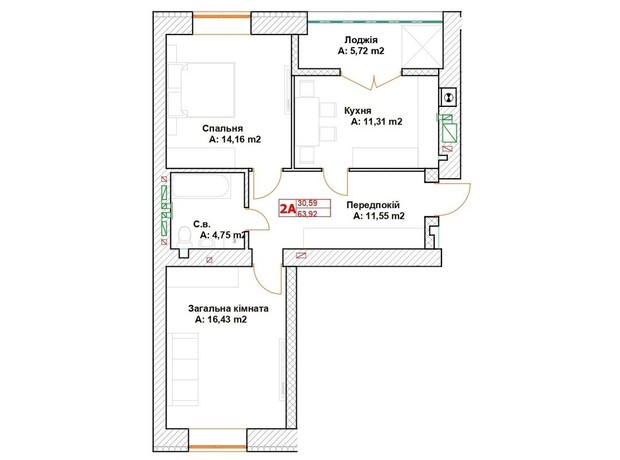 ЖК Модуль: планування 2-кімнатної квартири 63.9 м²