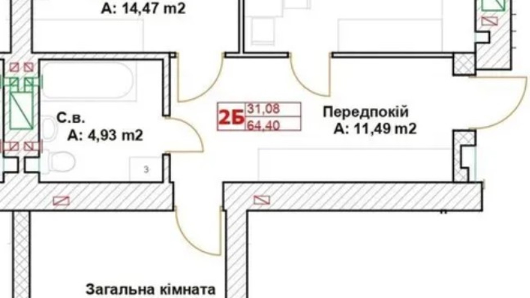 Планировка 2-комнатной квартиры в ЖК Модуль 64.21 м², фото 586084