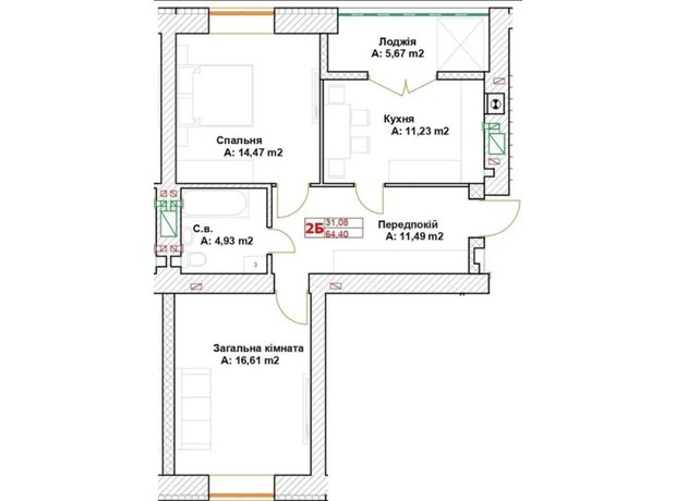 ЖК Модуль: планировка 2-комнатной квартиры 66.34 м²