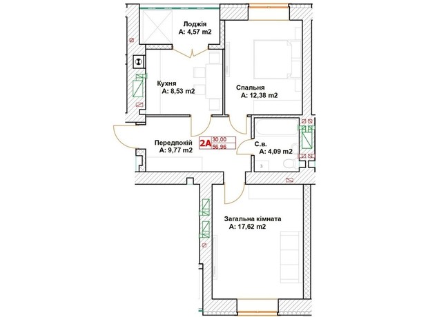 ЖК Модуль: планування 2-кімнатної квартири 58.66 м²