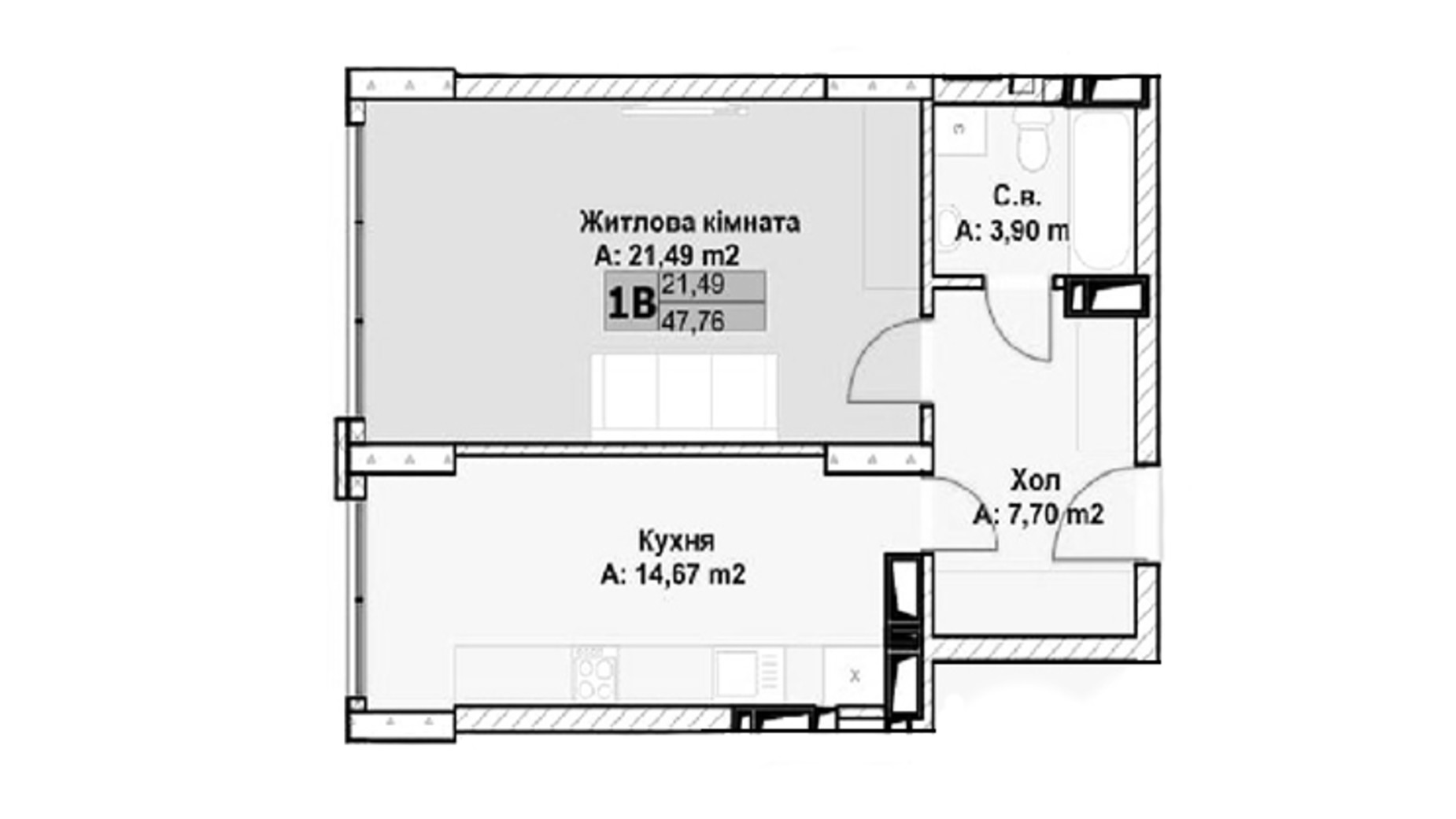 Планировка 1-комнатной квартиры в ЖК Chehov Парк Квартал 47.76 м², фото 586098