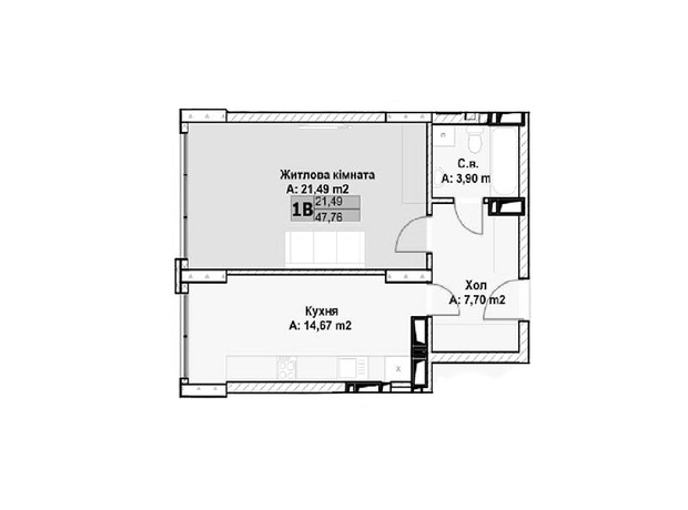 ЖК Chehov Парк Квартал: планування 1-кімнатної квартири 47.76 м²