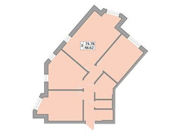 ЖК Praha Platinum: планування 3-кімнатної квартири 74.78 м²