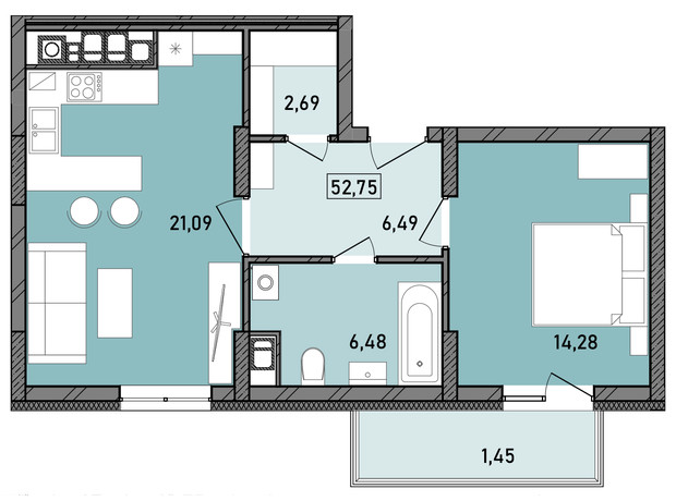 ЖК Praud select: планування 1-кімнатної квартири 52.48 м²