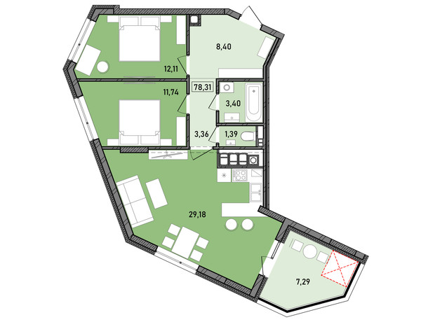 ЖК Praud select: планування 2-кімнатної квартири 76.37 м²