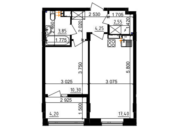 ЖК Аквамарин: планування 1-кімнатної квартири 40.45 м²