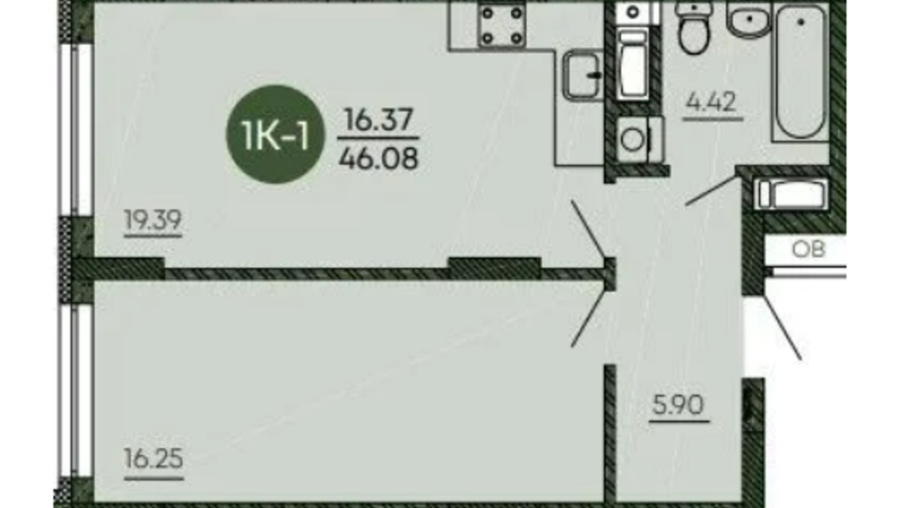 Планування 1-кімнатної квартири в ЖК Оранжерея 46.08 м², фото 586474