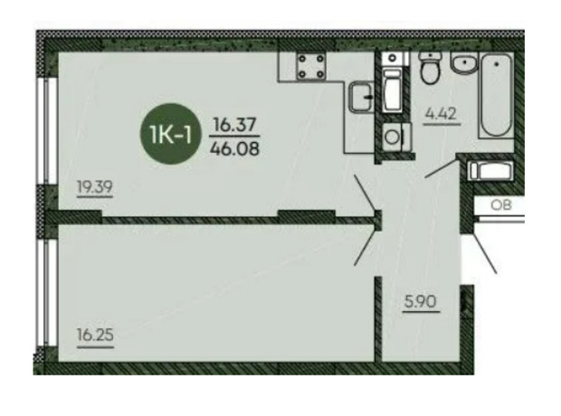 ЖК Оранжерея: планировка 1-комнатной квартиры 46.08 м²