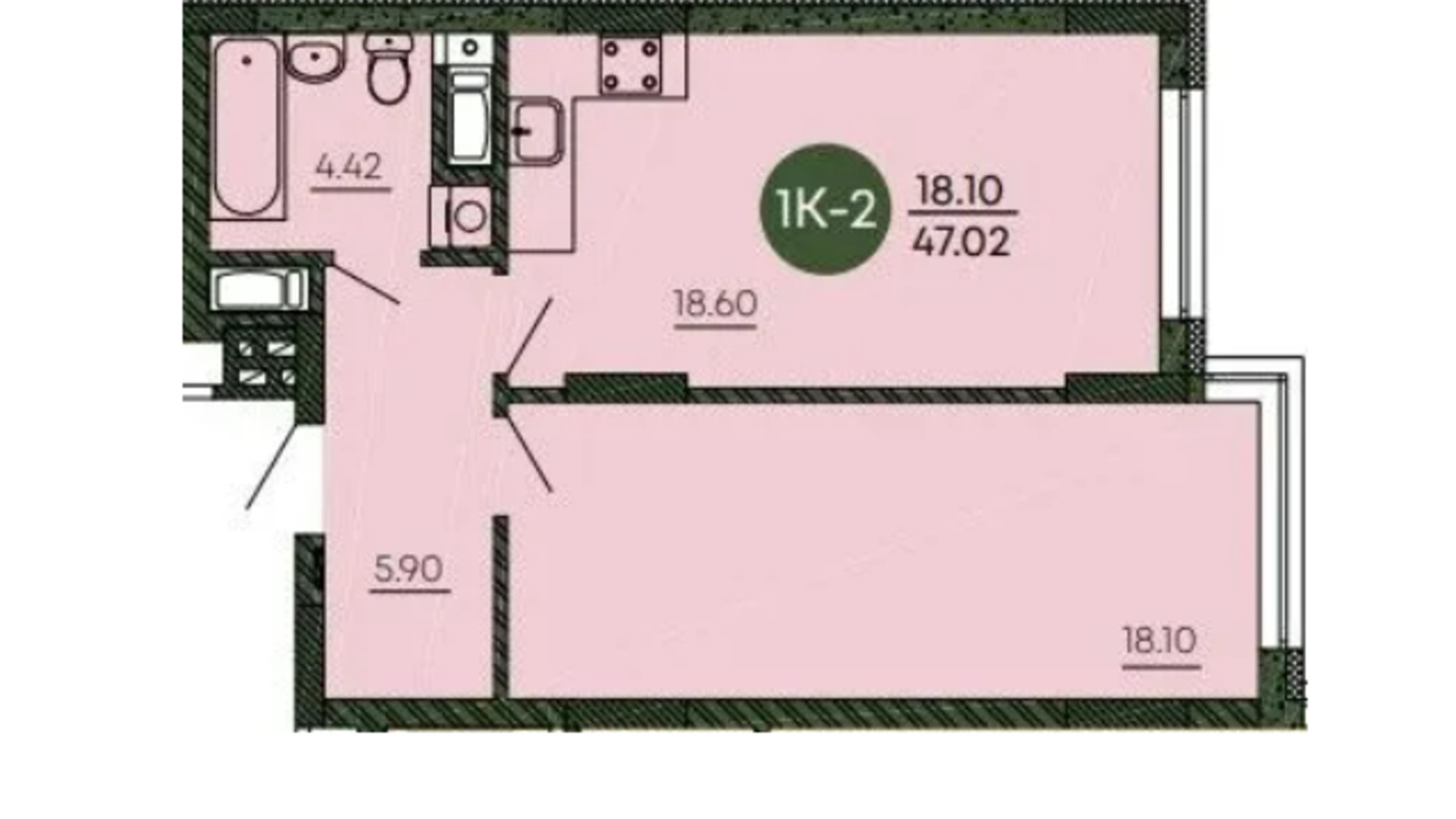 Планировка 1-комнатной квартиры в ЖК Оранжерея 47.02 м², фото 586476