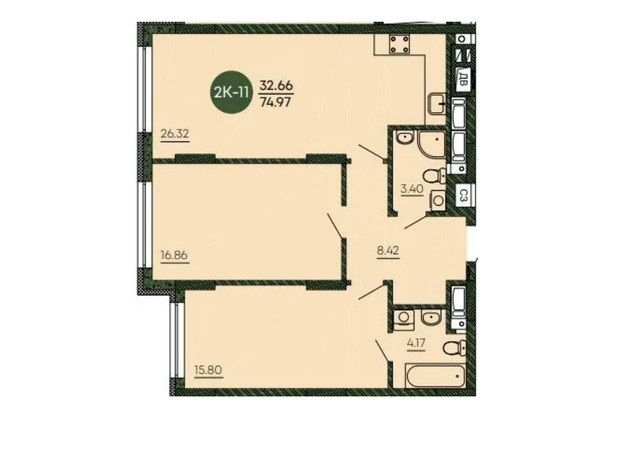 ЖК Оранжерея: планировка 2-комнатной квартиры 74.97 м²