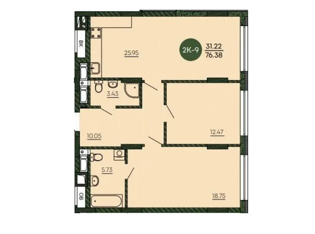 ЖК Оранжерея: планировка 2-комнатной квартиры 76.38 м²