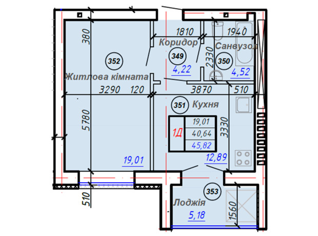 ЖК Олимп: планировка 1-комнатной квартиры 45.82 м²