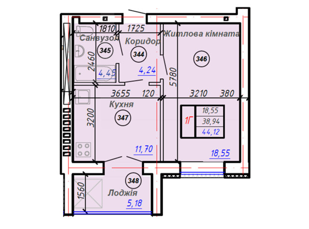 ЖК Олимп: планировка 1-комнатной квартиры 44.12 м²