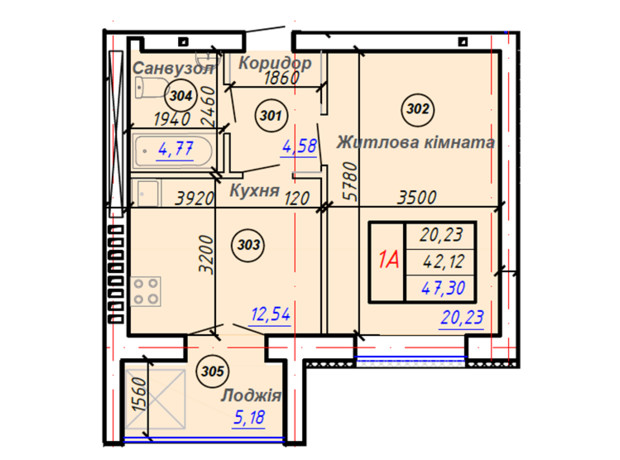 ЖК Олімп: планування 1-кімнатної квартири 47.3 м²