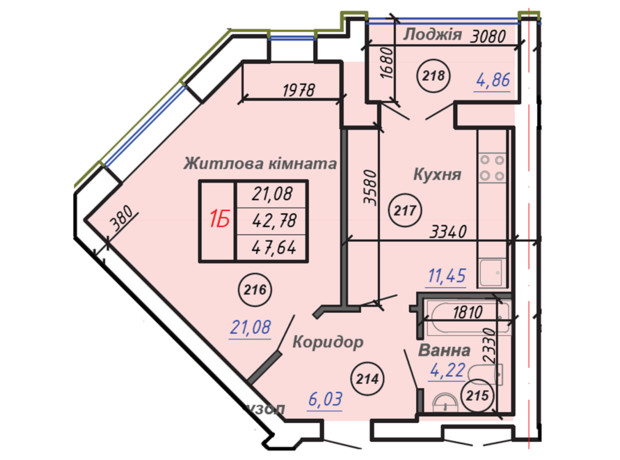 ЖК Олимп: планировка 1-комнатной квартиры 47.64 м²