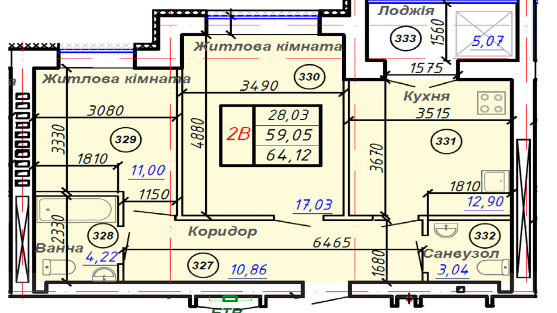 Планування 2-кімнатної квартири в ЖК Олімп 64.12 м², фото 586606