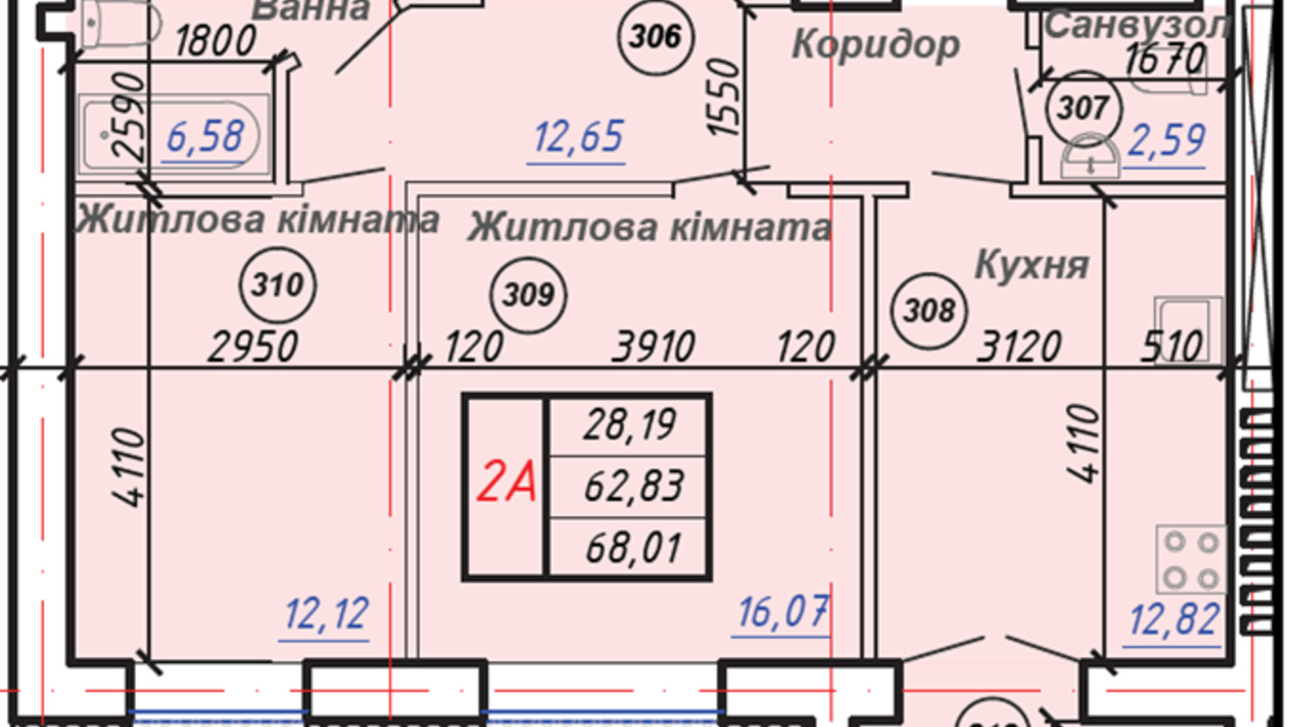 Планування 2-кімнатної квартири в ЖК Олімп 68.01 м², фото 586607