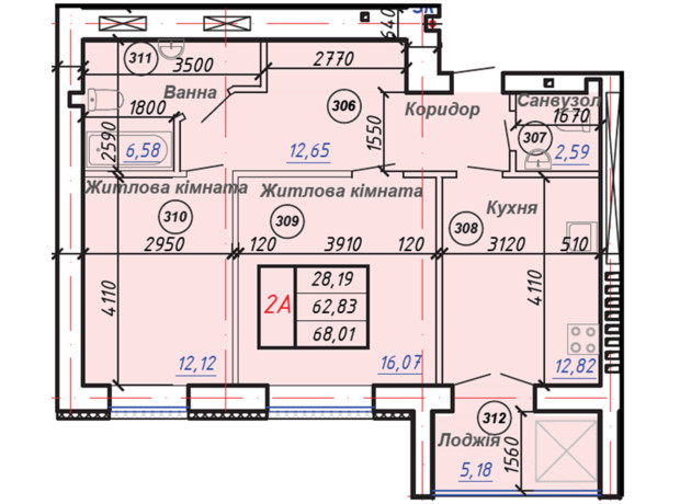 ЖК Олимп: планировка 2-комнатной квартиры 68.01 м²