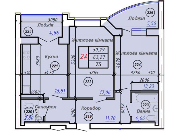 ЖК Олимп: планировка 2-комнатной квартиры 75 м²