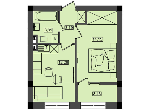 ЖК Дім у моря Premier: планування 1-кімнатної квартири 37.01 м²