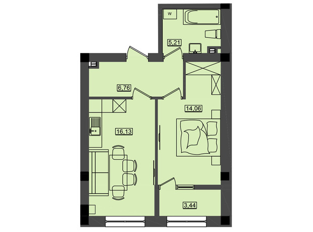 ЖК Дом у моря Premier: планировка 1-комнатной квартиры 45.6 м²